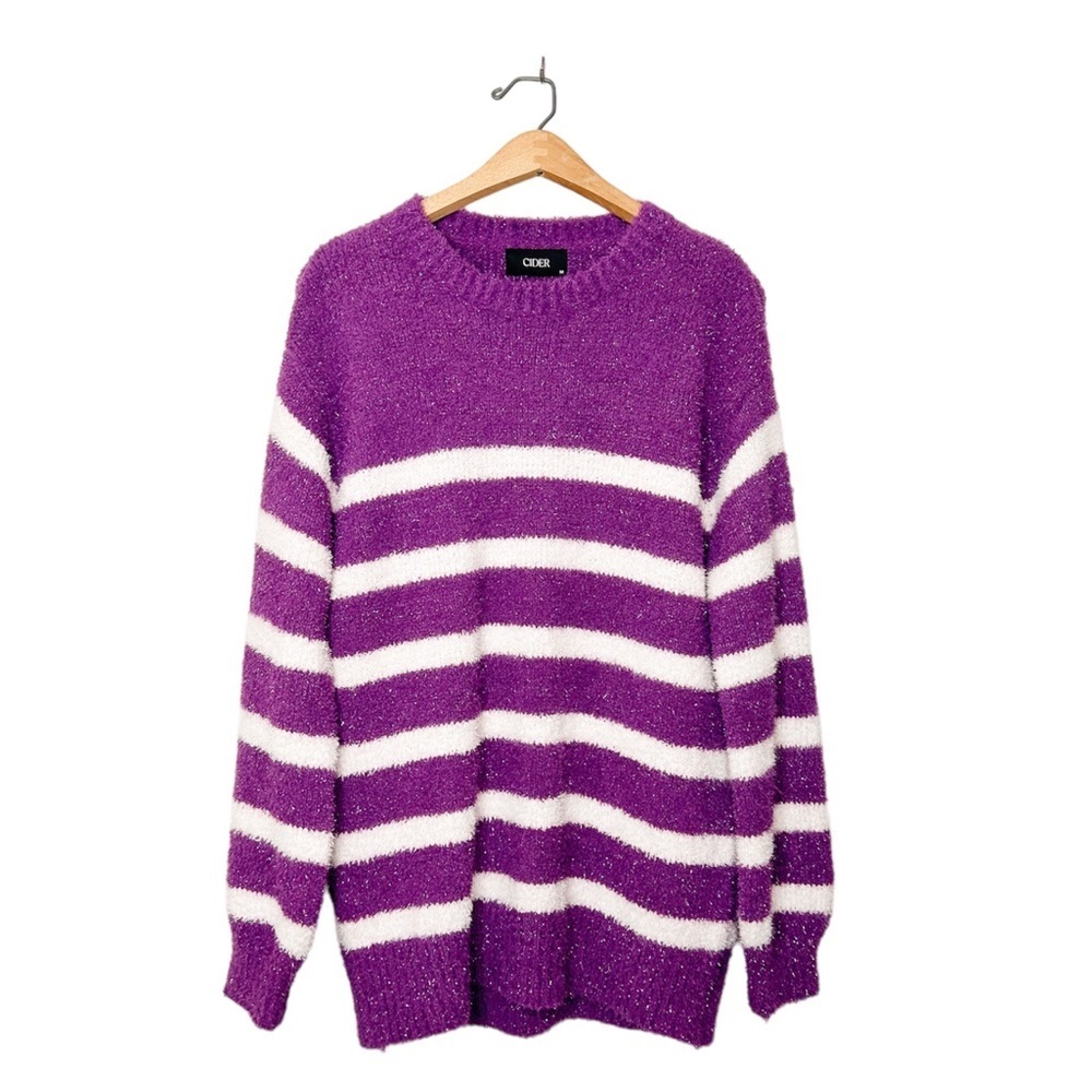 CIDER Purple Metallic Glitter Stripe Round Neck Fuzzy Knit Sweater‎ Medium M
